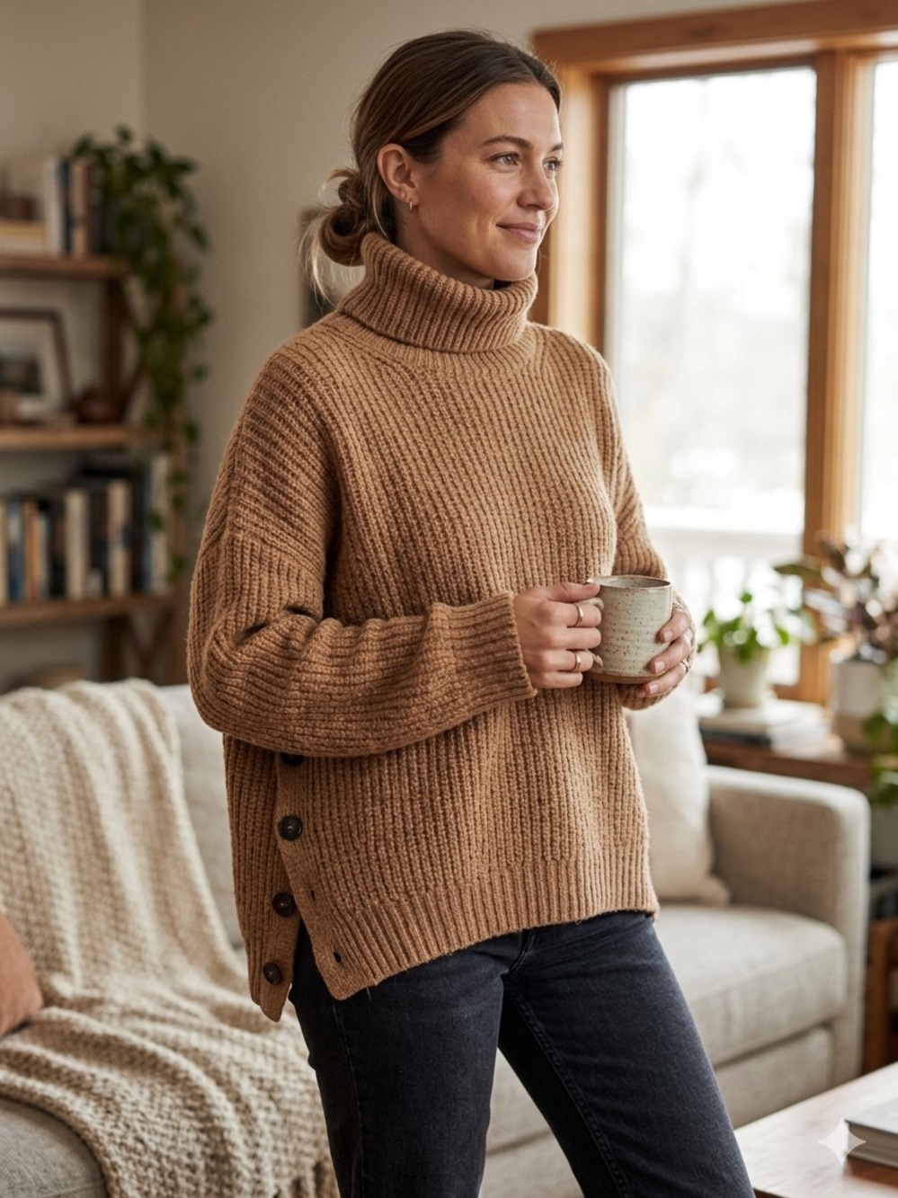 Mara Hoffman Baby Alpaca Blend Oversized Turtleneck Sweater - Size L - Camel